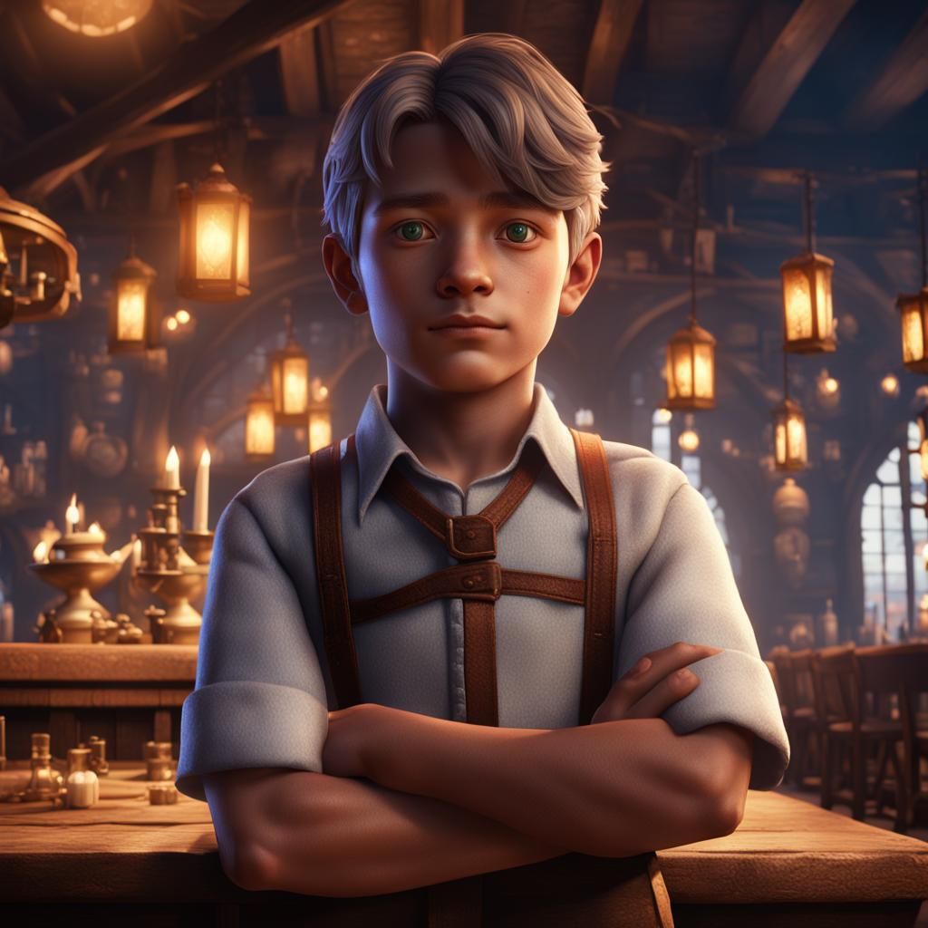 Young Waiter Boy in Enchanted Tavern
