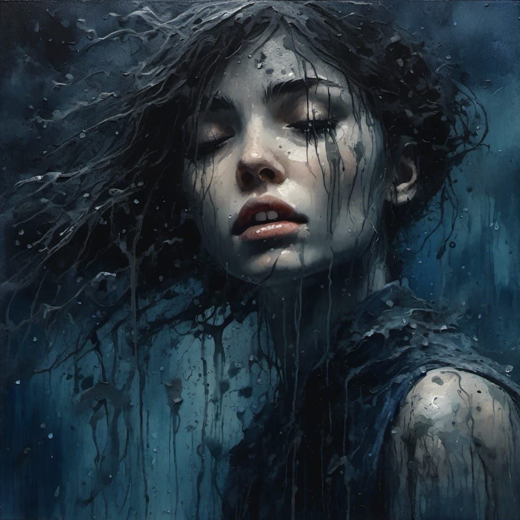 Monochrome Blue Impasto Woman Sinking in Dark Ocean