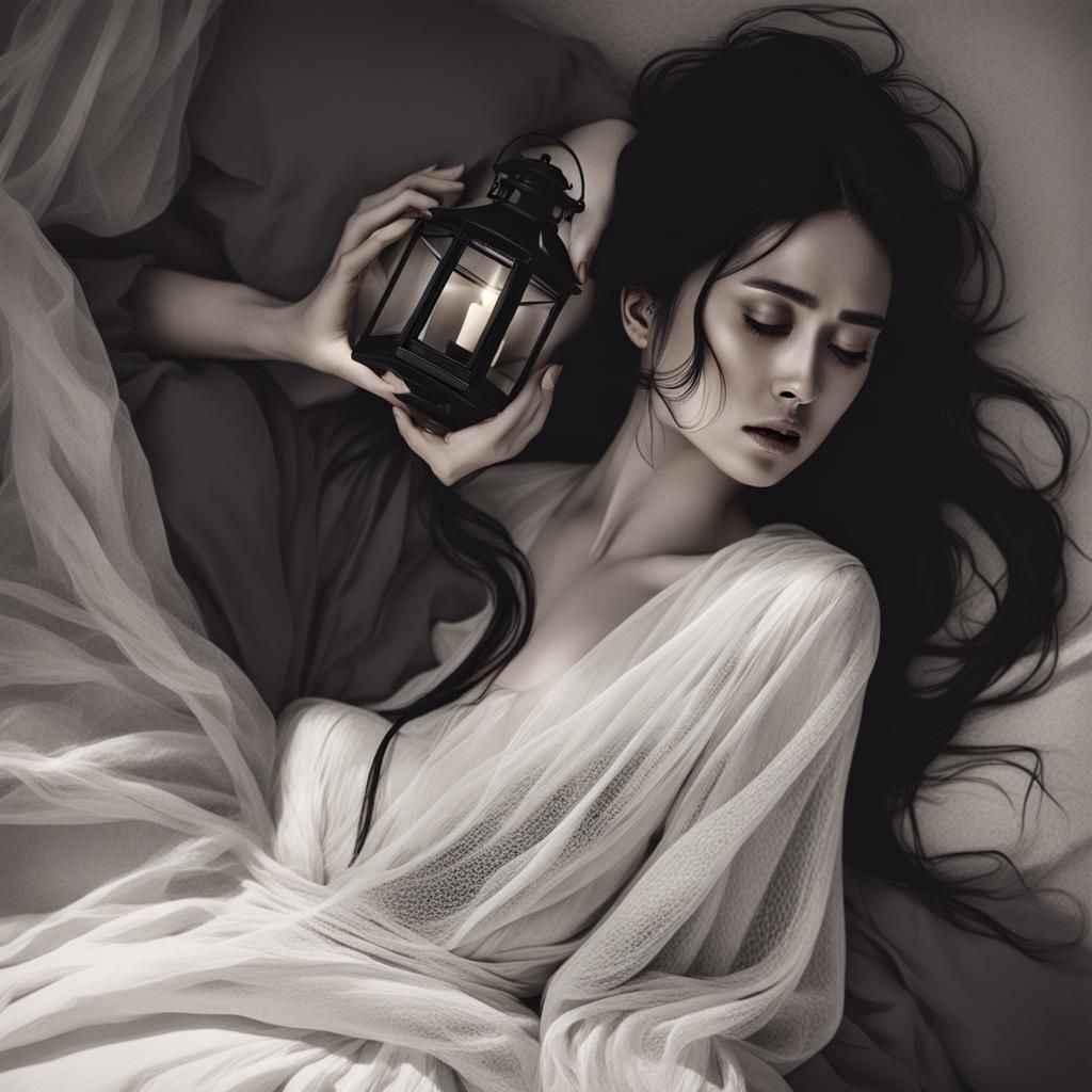 woman lying on a bed, somber expression, white dress with a low neckline, black hair is spread out on the pillow, holdin...