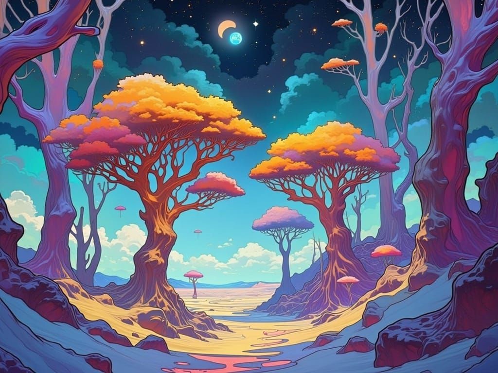 Surreal Art Nouveau Landscape with Iridescent Trees and Glow...