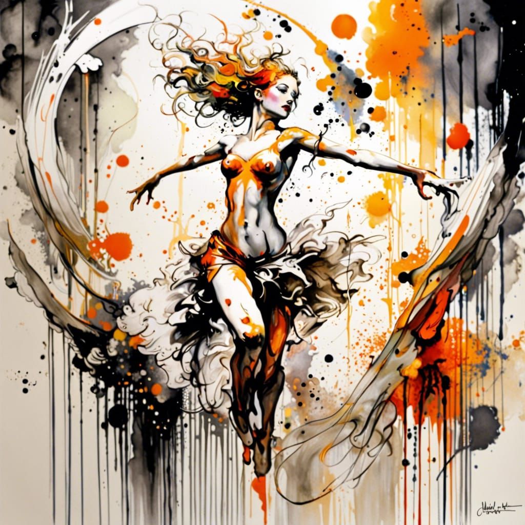 Fantastical Winged Dancer in Black and White Ink