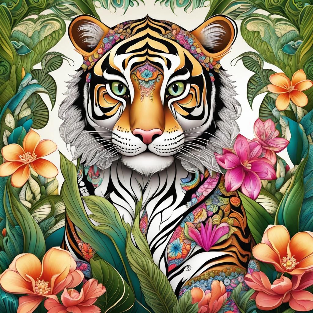 Tattooed Tiger Cub in Exotic Garden: Naive Art
