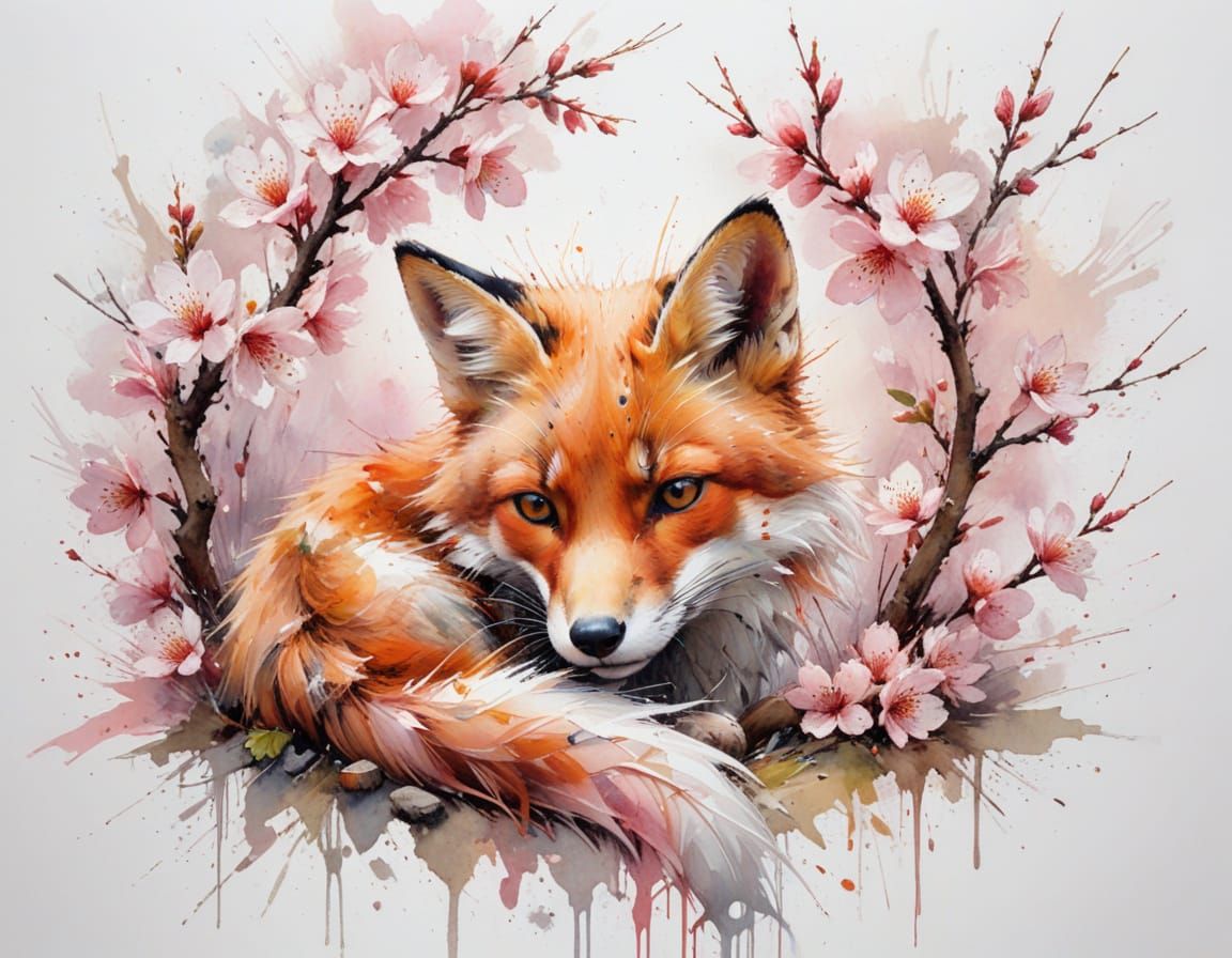 Red Fox Under Cherry Blossoms in Pastel Tones