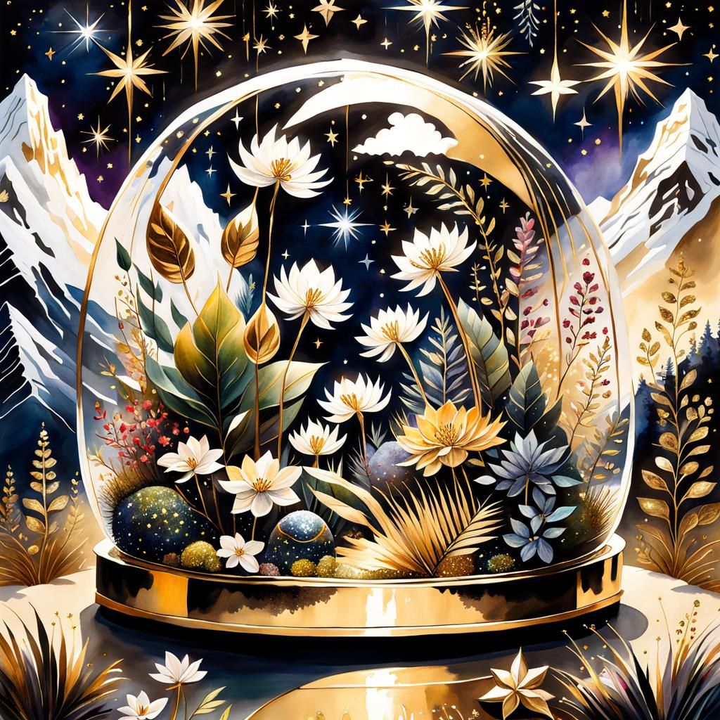 Terrarium with Transparent Flowers Watercolor Painting