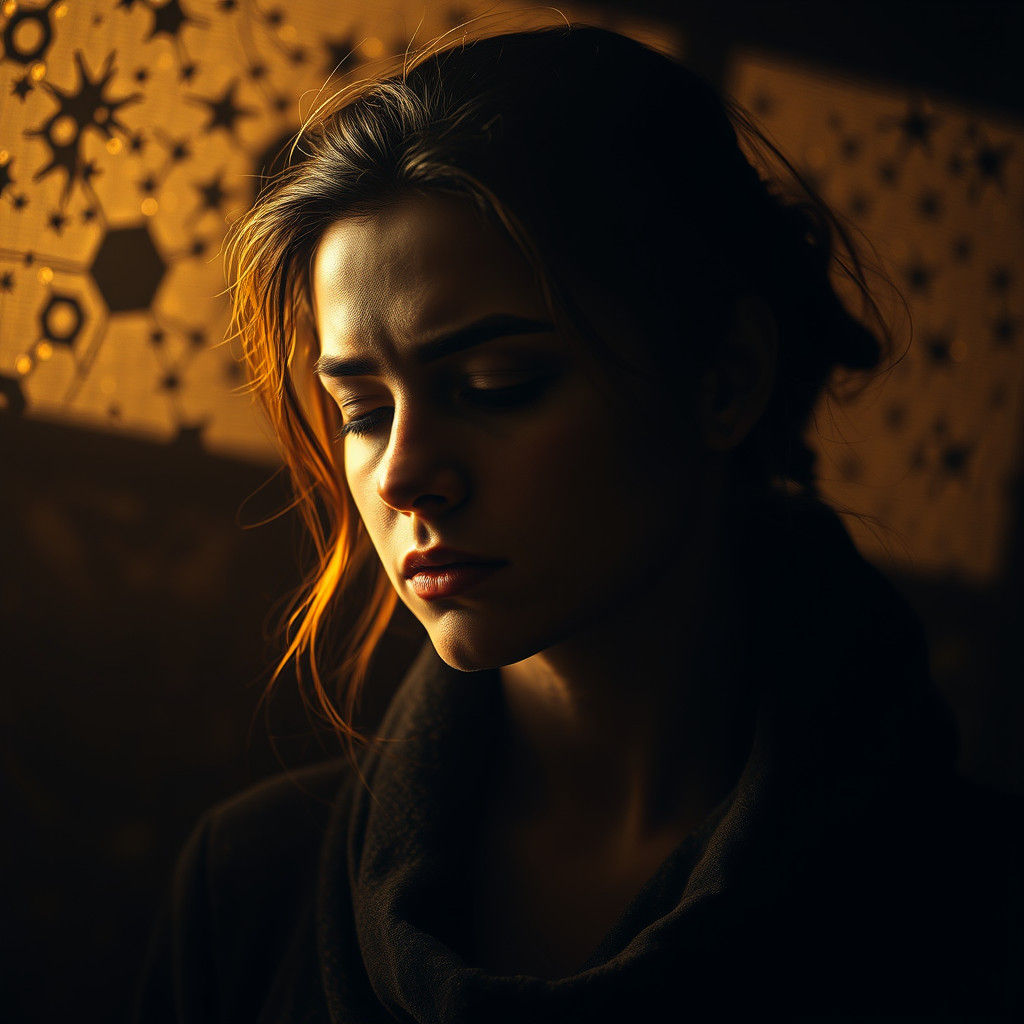 Contemplative Woman in Golden Light, Cinematic Portrait