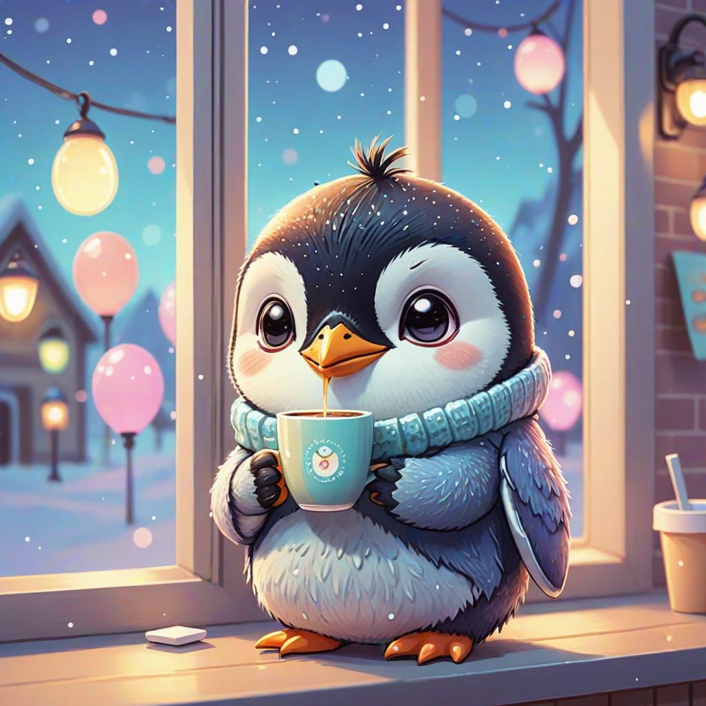 Chibi Penguin Drinks Coffee in Kawaii Style