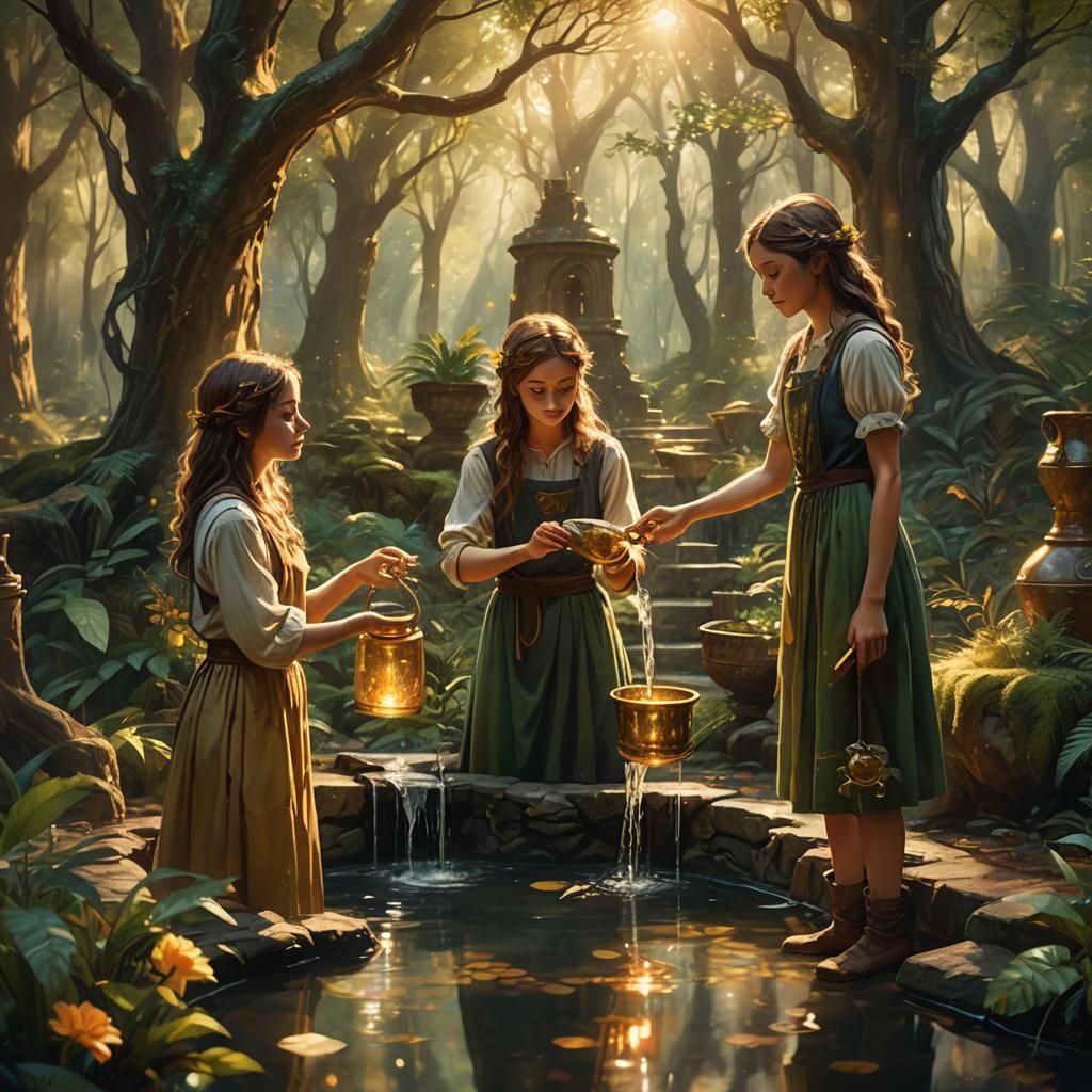 Mystical Forest Scene: Girls at the Well