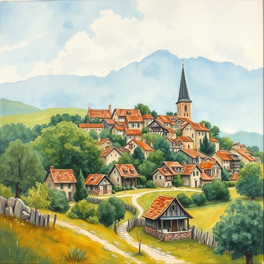 Village Scene in Gouache Impressionist Masterpiece