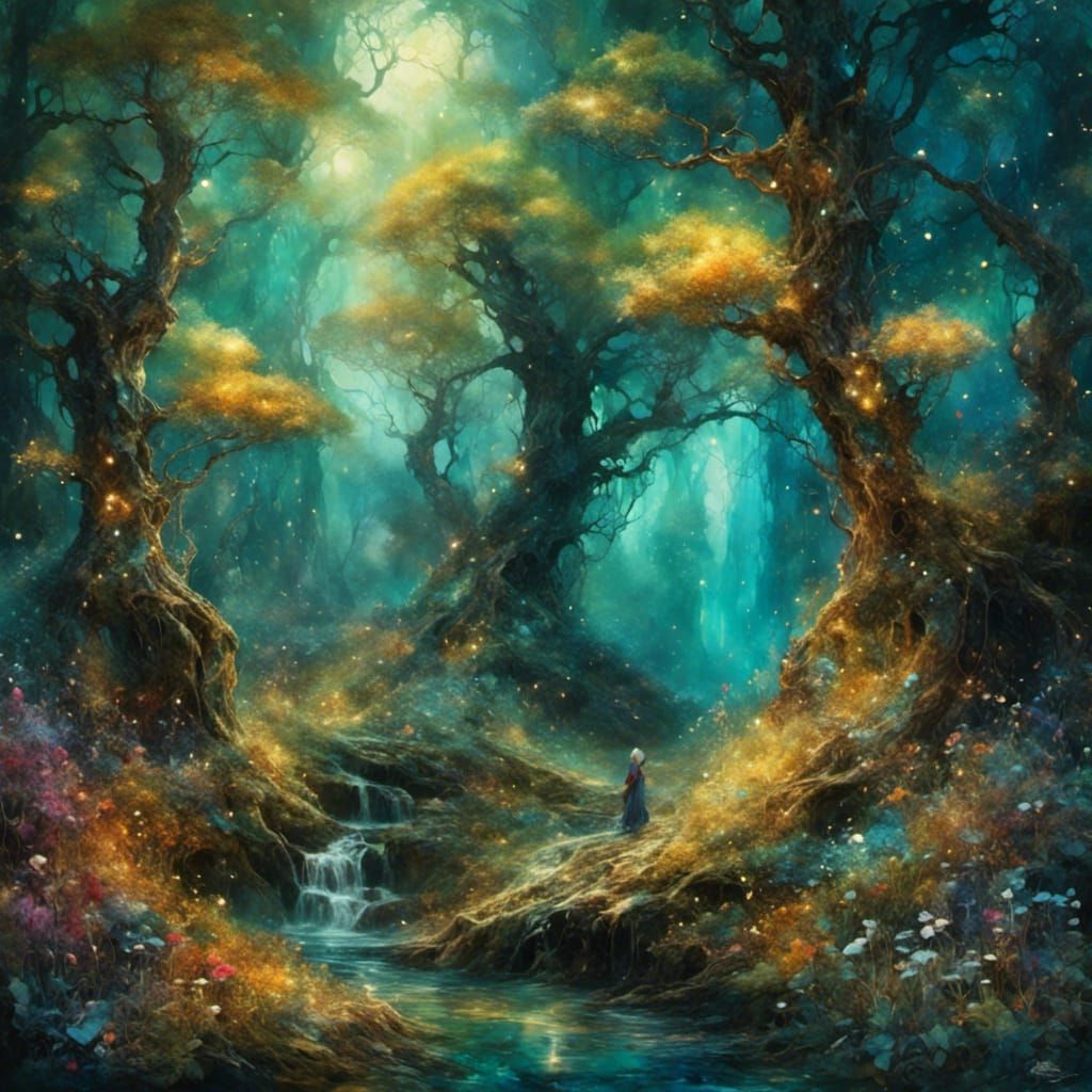 Enchanted Forest Scene Inspired by Waterhouse and WLOP