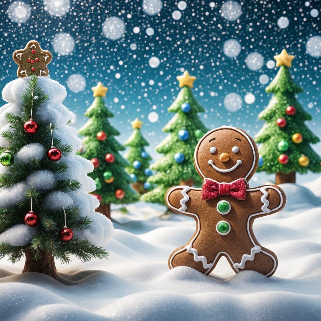 Festive Christmas Landscape with Gingerbread Man in Pixel Ar...