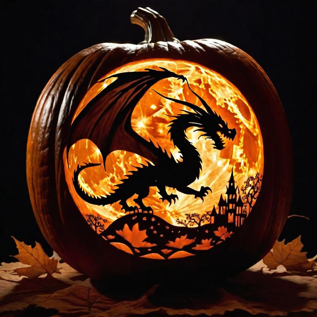 Dragon Silhouette Carved on Pumpkin with Magical Lighting