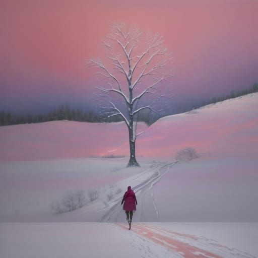 Impressionist Oil Painting of Woman in Snowy Landscape