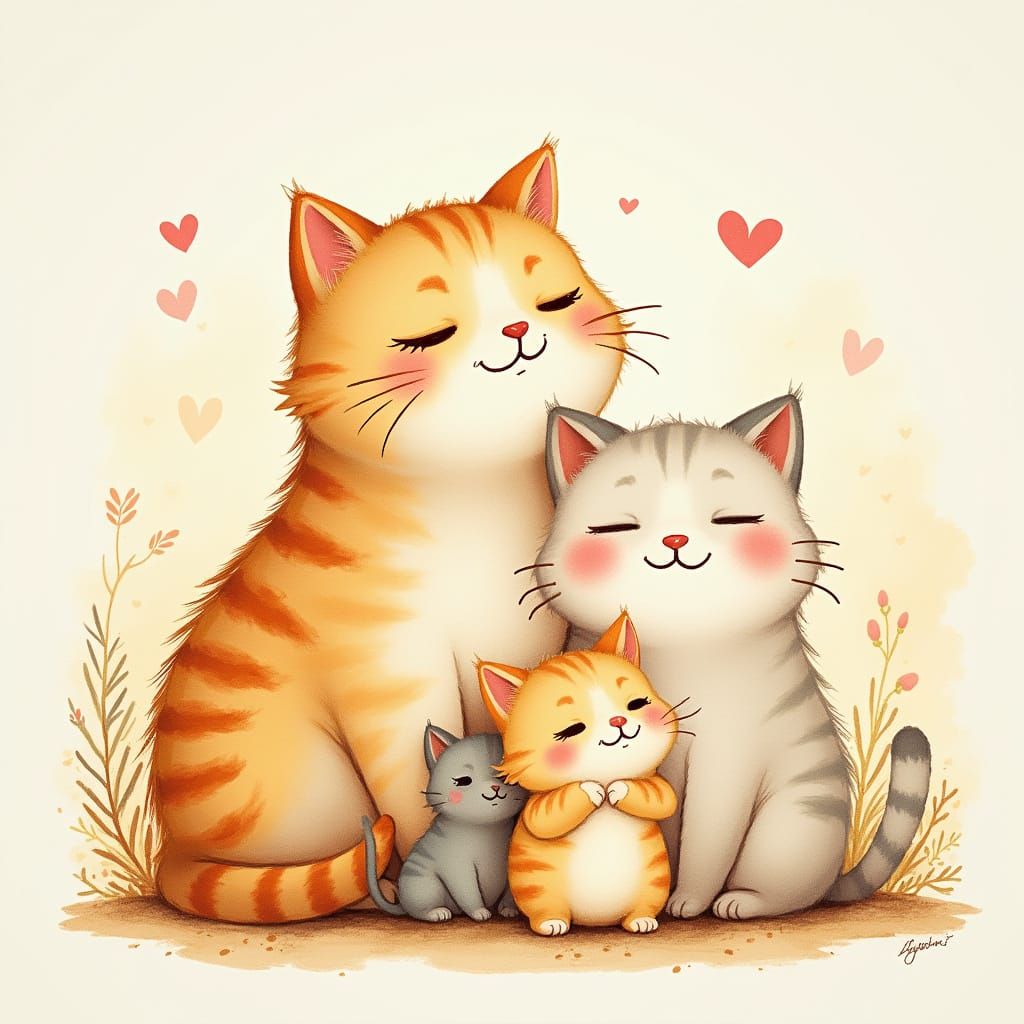 Whimsical Cats Smiling, Watercolor Illustration