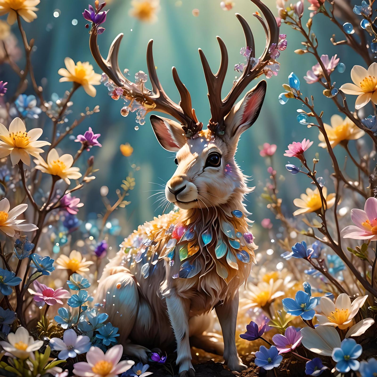 Translucent Jackalope with Liquid Flowers in Macro