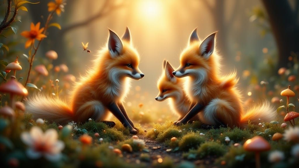 Three Baby Foxes Play in Enchanted Misty Forest at Dawn