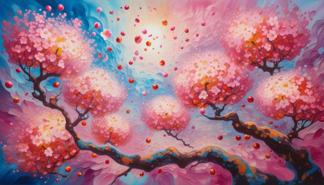 Abstract Cherry Blossom Bombs in Surreal Oil Painting