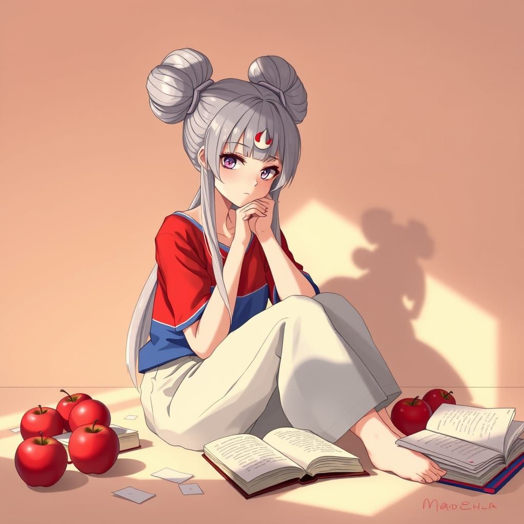 Silver Haired Girl in 2D Style with Books