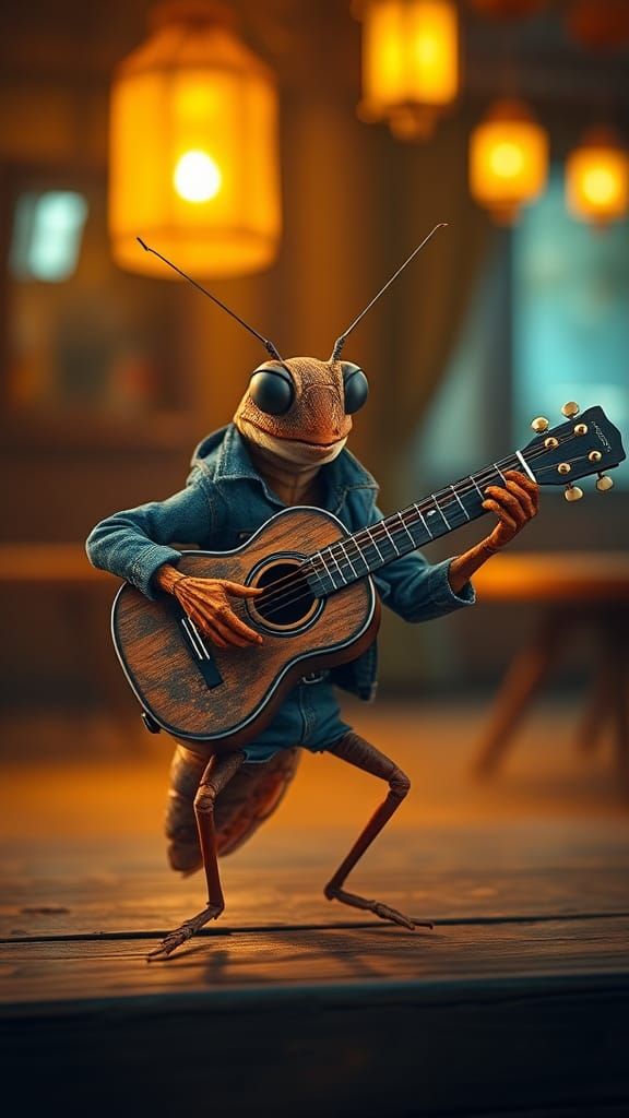 Cricket Plays Guitar on Cozy Cafe Stage