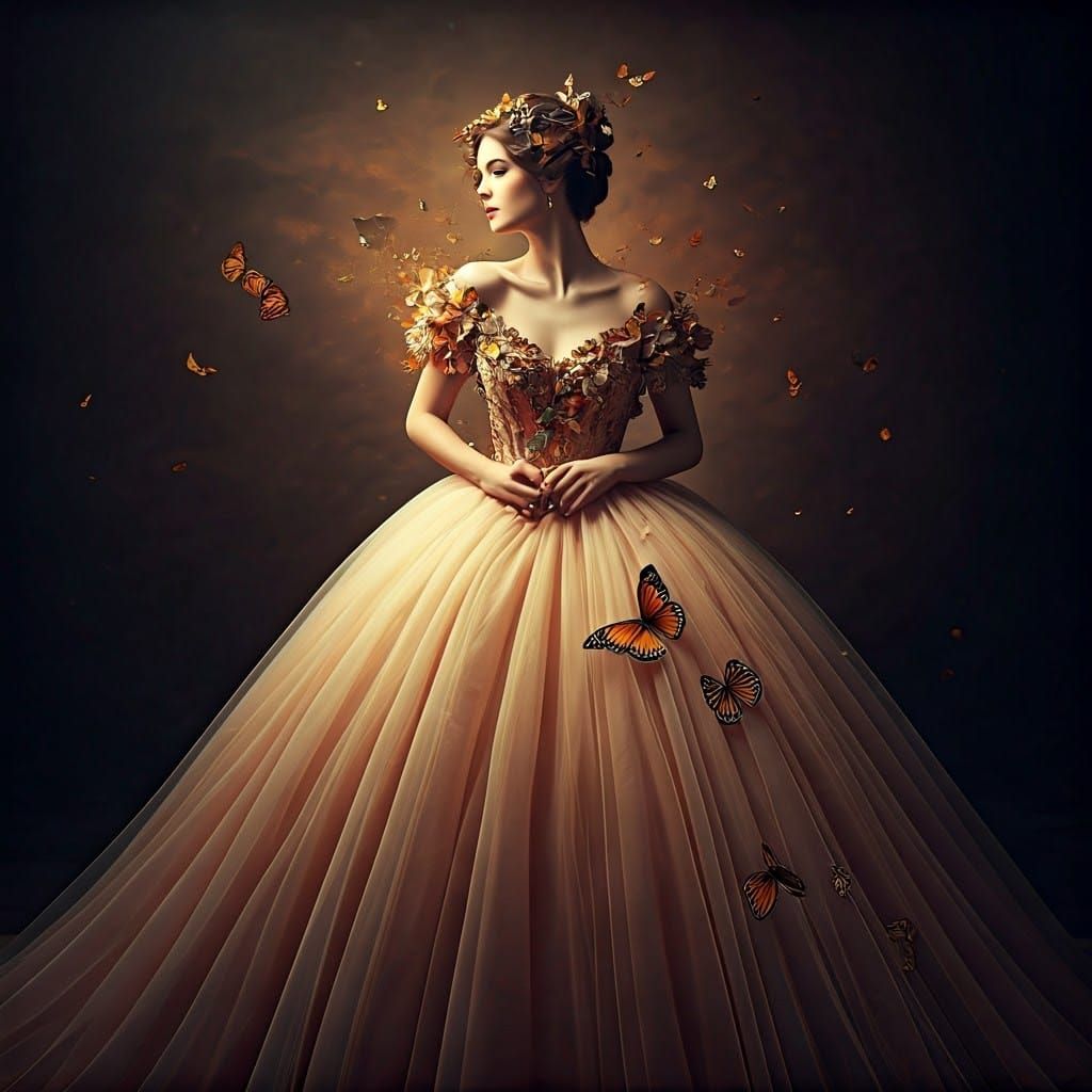 Butterfly Wing Ballgown: Hyperrealistic Portrait