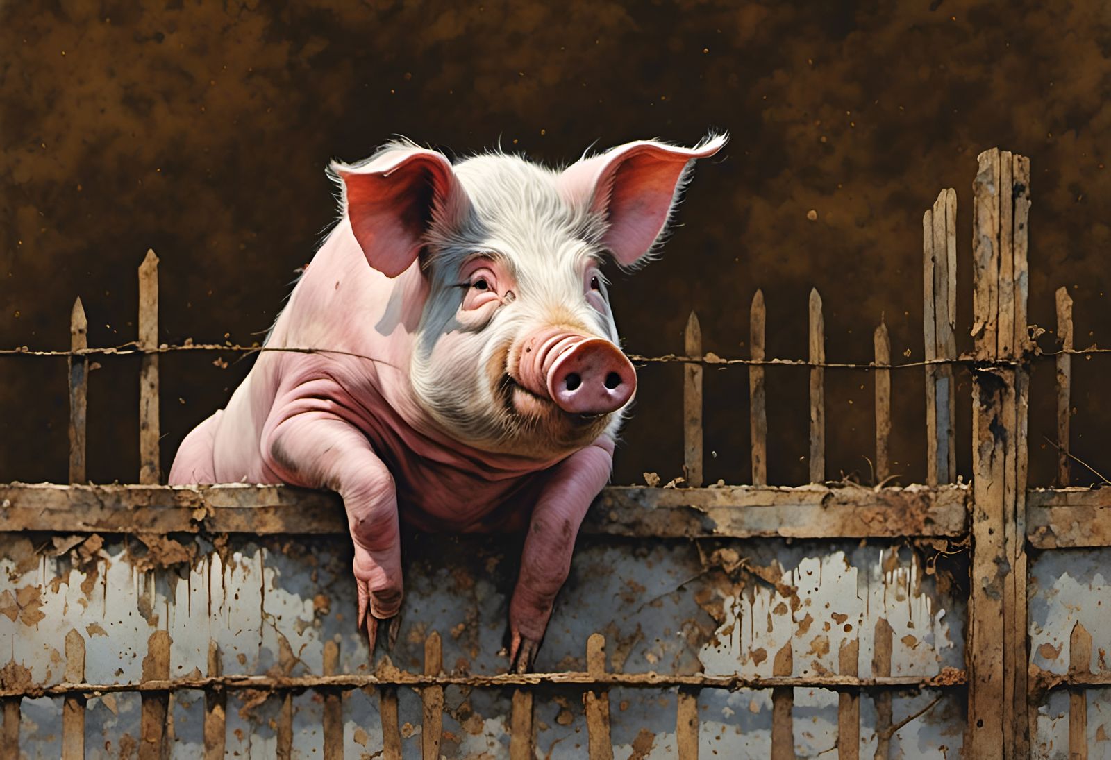 Pig Over the Fence in Watercolor Style