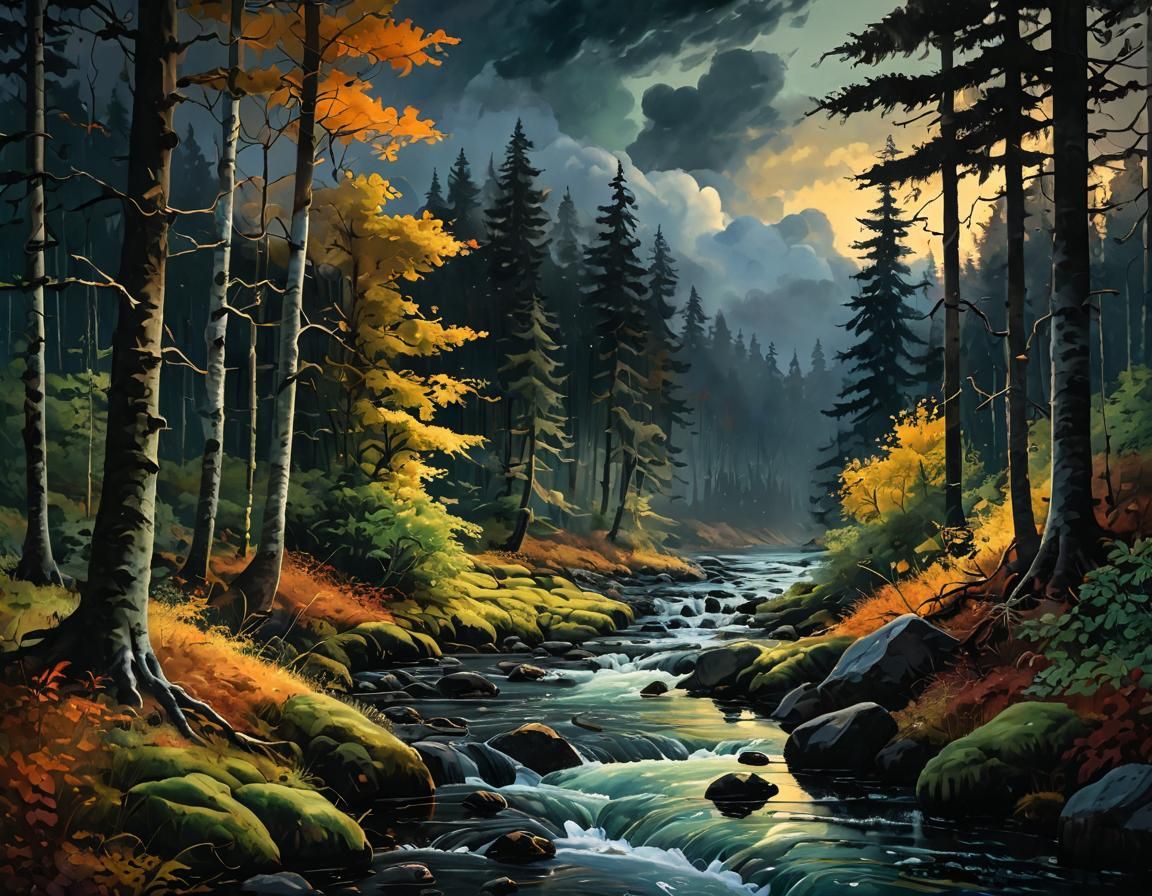 Autumn Forest River in Gouache Impressionist Style