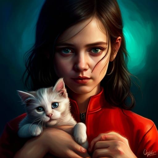 Wednesday Addams Holding Kitten: Hyperdetailed Digital Art