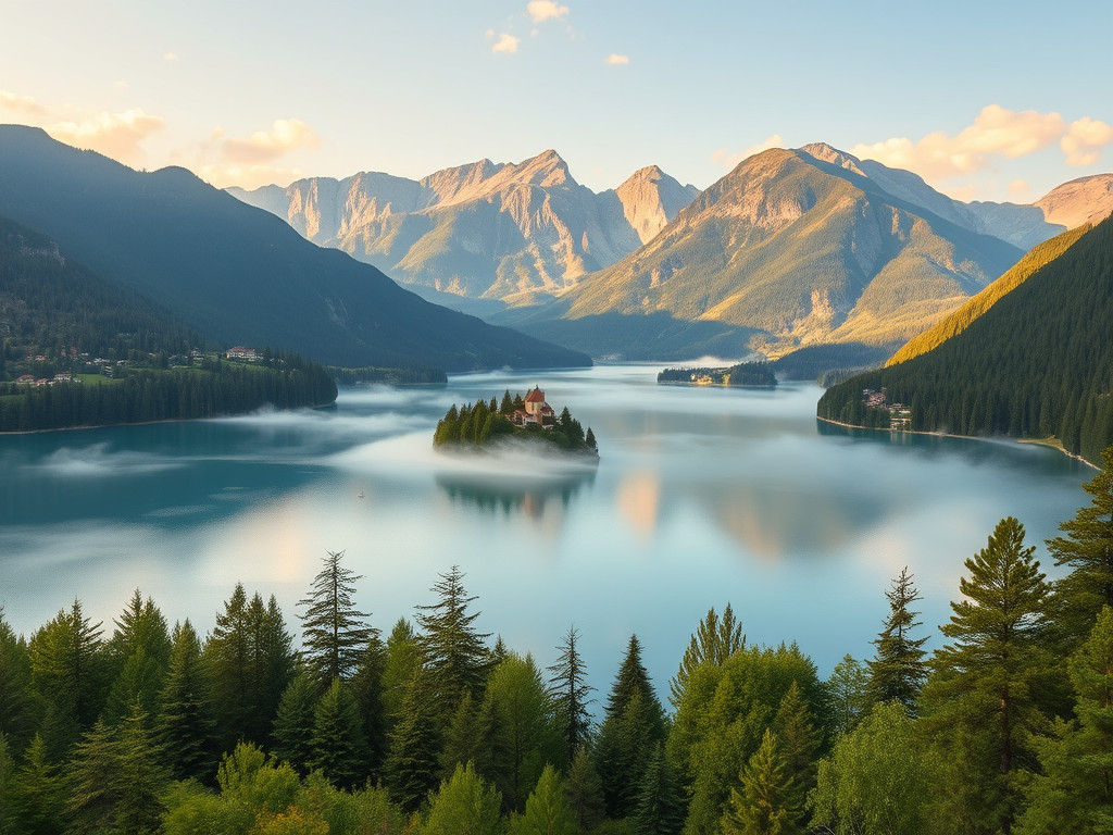Lake Bled in Julian Alps, Atmospheric Landscape Painting