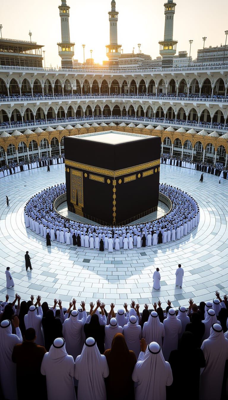 Kaaba Pilgrimage: Cinematic Shot of Tawaf in Golden Light