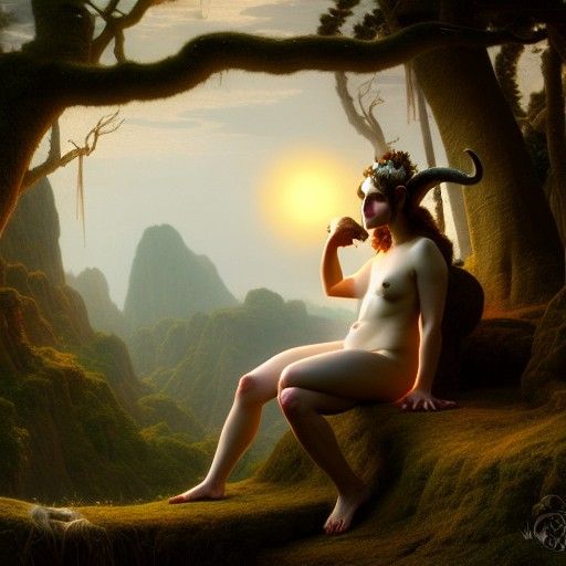 Faun Woman with Ram Horns, Digital Matte Painting