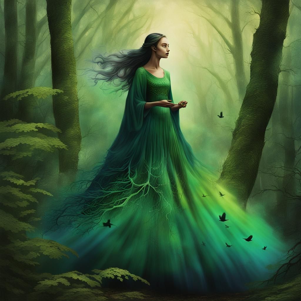 Forest Spirit with Bird in Detailed Matte Painting