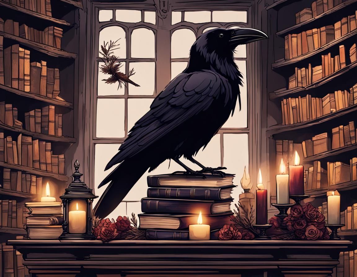 Raven in Dark Academia Library Still Life