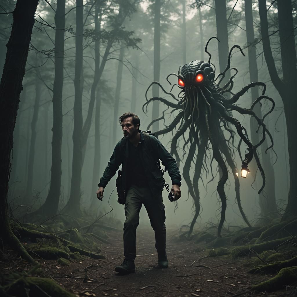 Tentacle Demon Creeps on Man in Dark Woods