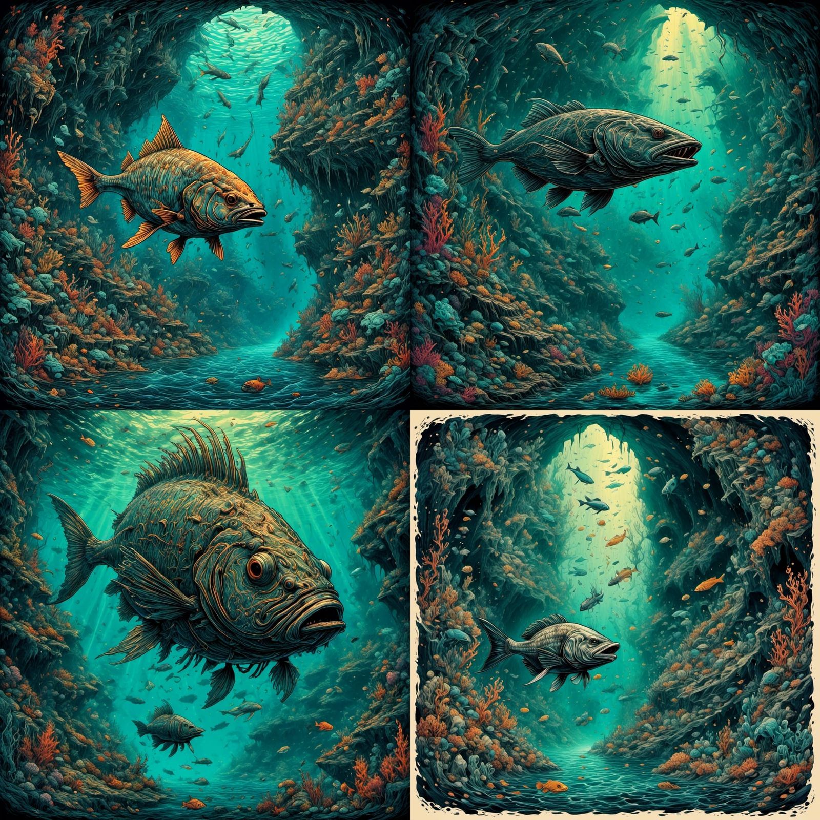 Predatory Blind Cave Fish in Underwater River Scene