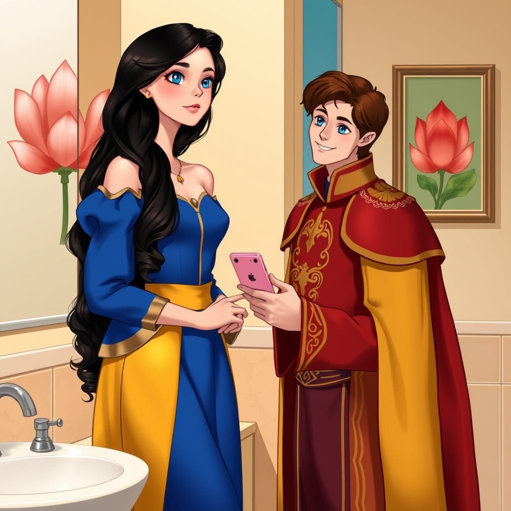 Snow White and Prince in Bathroom, Mucha Style