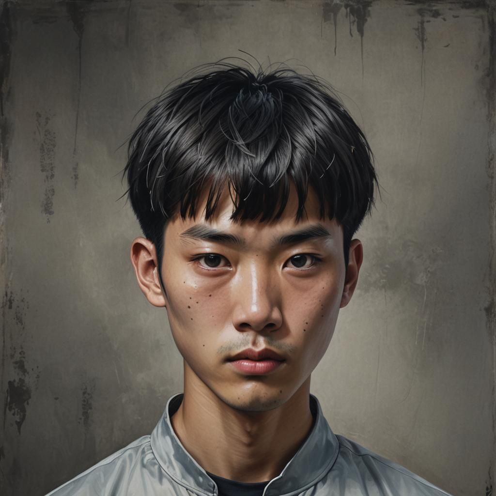 Hyperrealistic Portrait of a Chinese Man with Bowl Cut