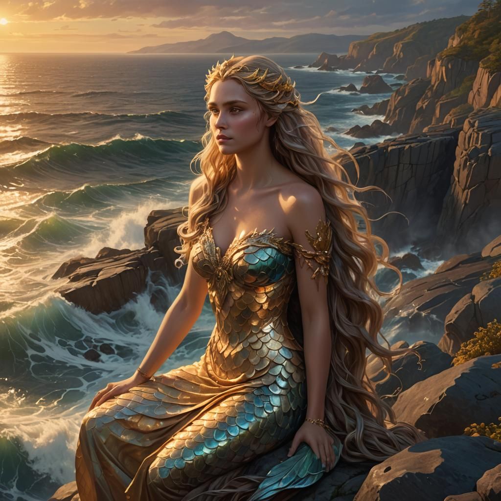 Mystical Siren Overlooking Ocean at Sunset