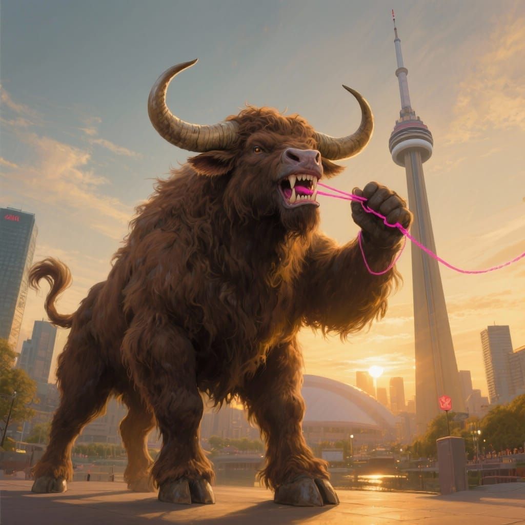 Minotaur Flossing Before CN Tower in Golden Hour
