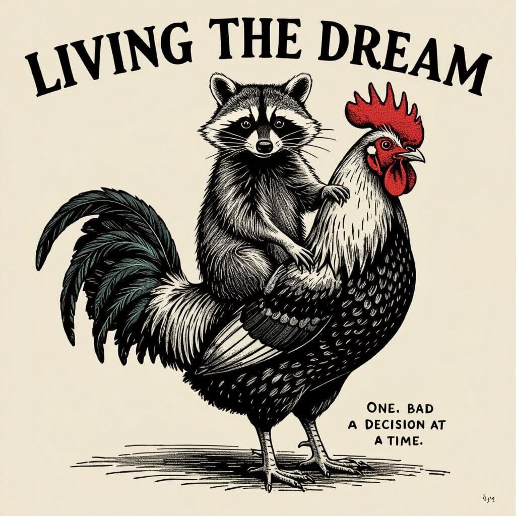 Raccoon Rides Rooster in Vintage Engraving Style