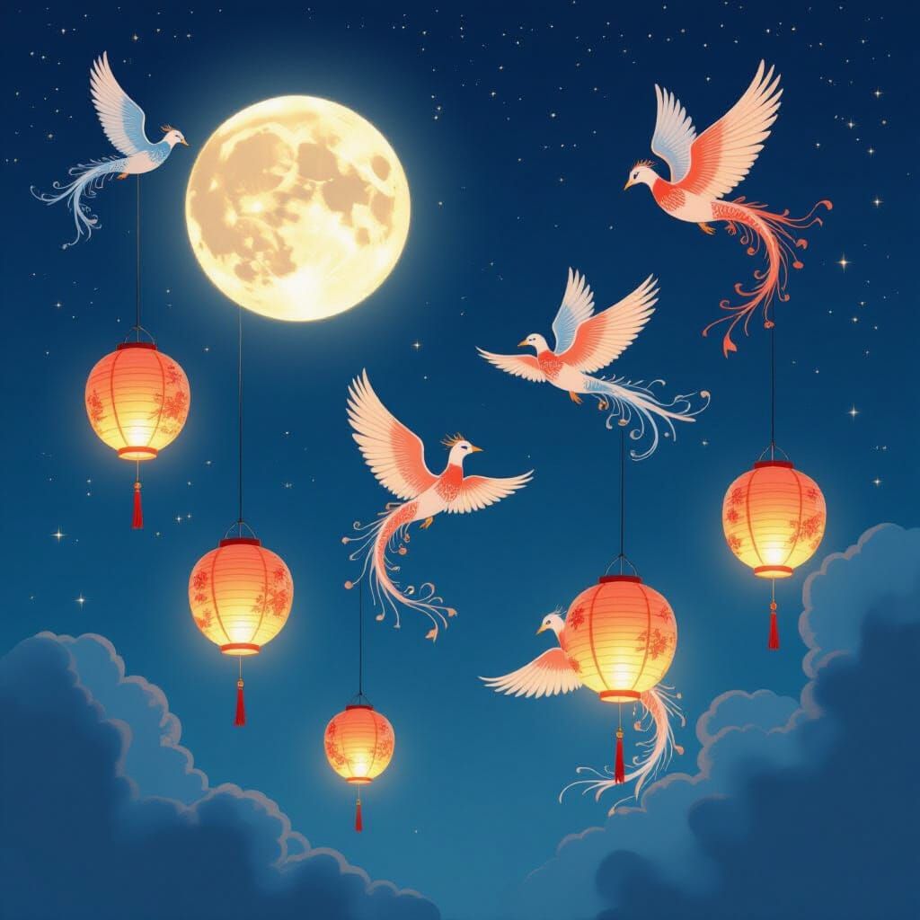 Bird Lanterns Glow in Moonlit Sky