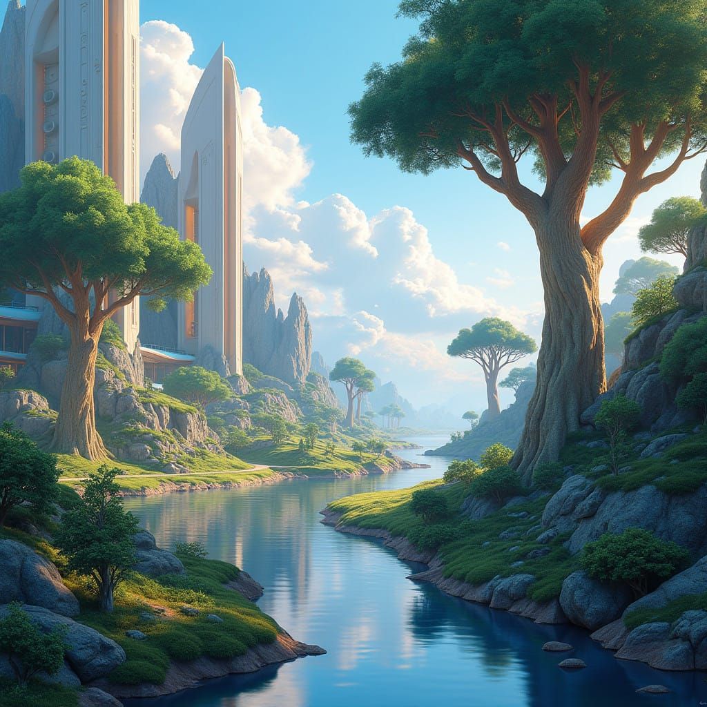 Serenic Utopian Landscape in Vibrant Blues and Purples