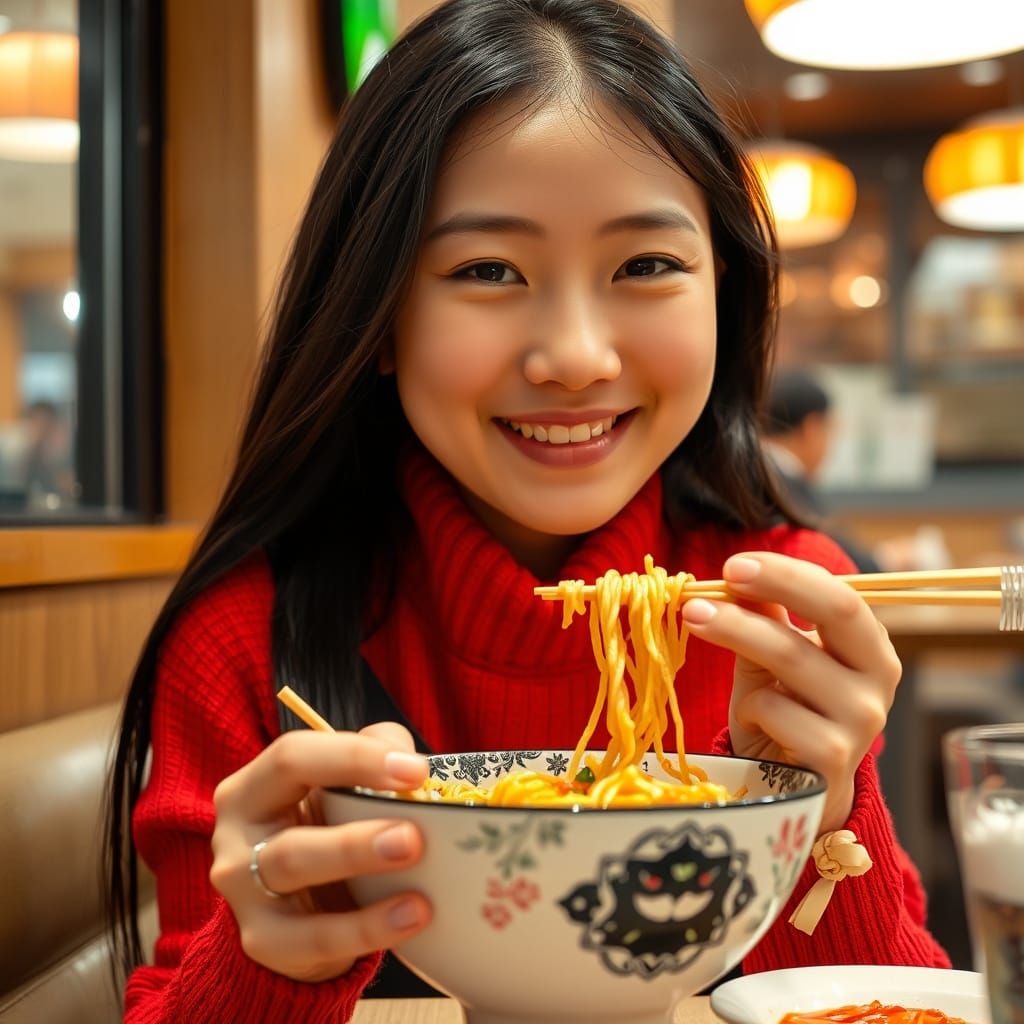 Smiling Woman Enjoys Noodles at Korean Cafe