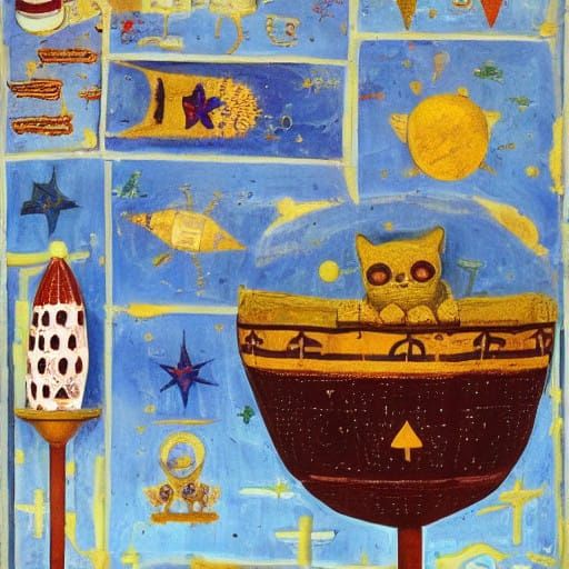 Whimsical Clay Cat Amidst Cosmic Rocketry in Earthy Tones