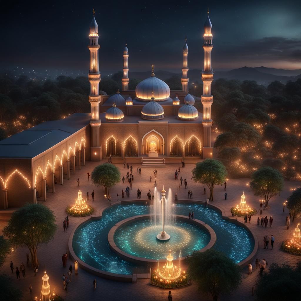 Nighttime Mosque Celebration in Hyperrealistic Matte Paintin...