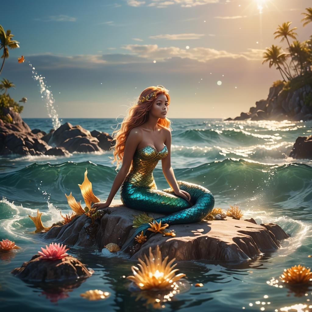 Mermaid on Island: Vibrant Hyper-Realistic Digital Art