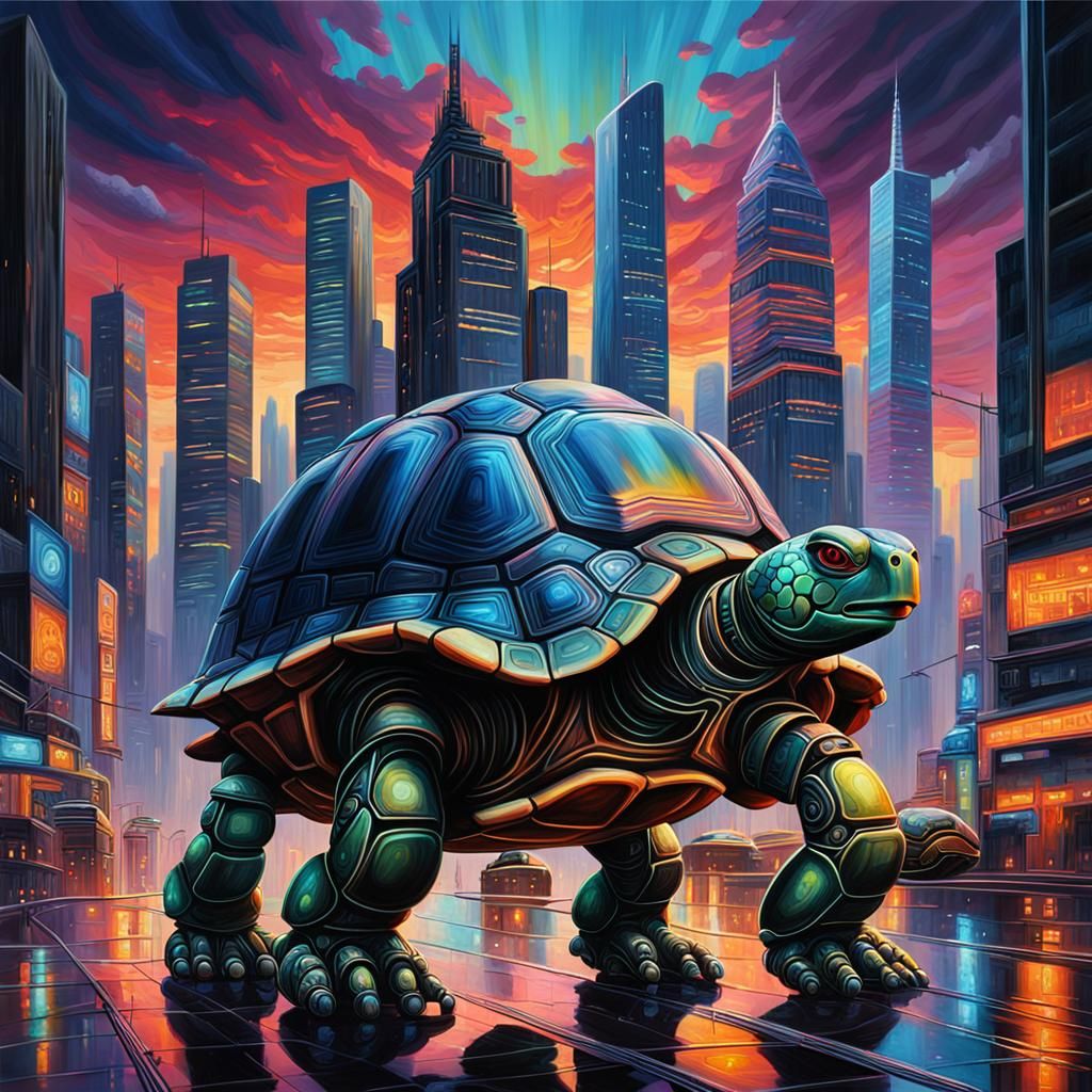 Turtel robot in futuristic cityscape