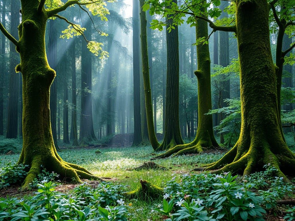 Misty Morning in a Mossy Forest Glade