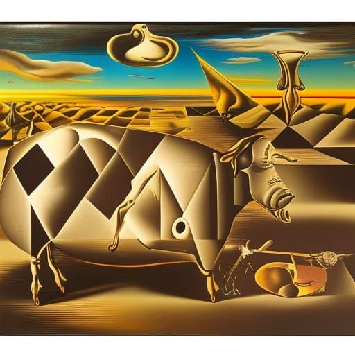 Surreal Robot Cow in Melting Oil on Canvas