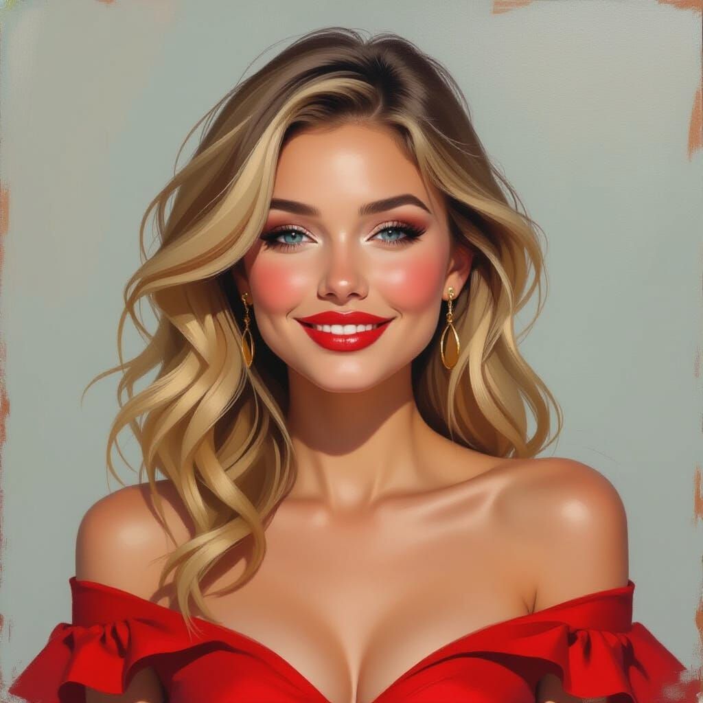 Impressionistic Portrait of a Beautiful Woman with Goofy Gri...