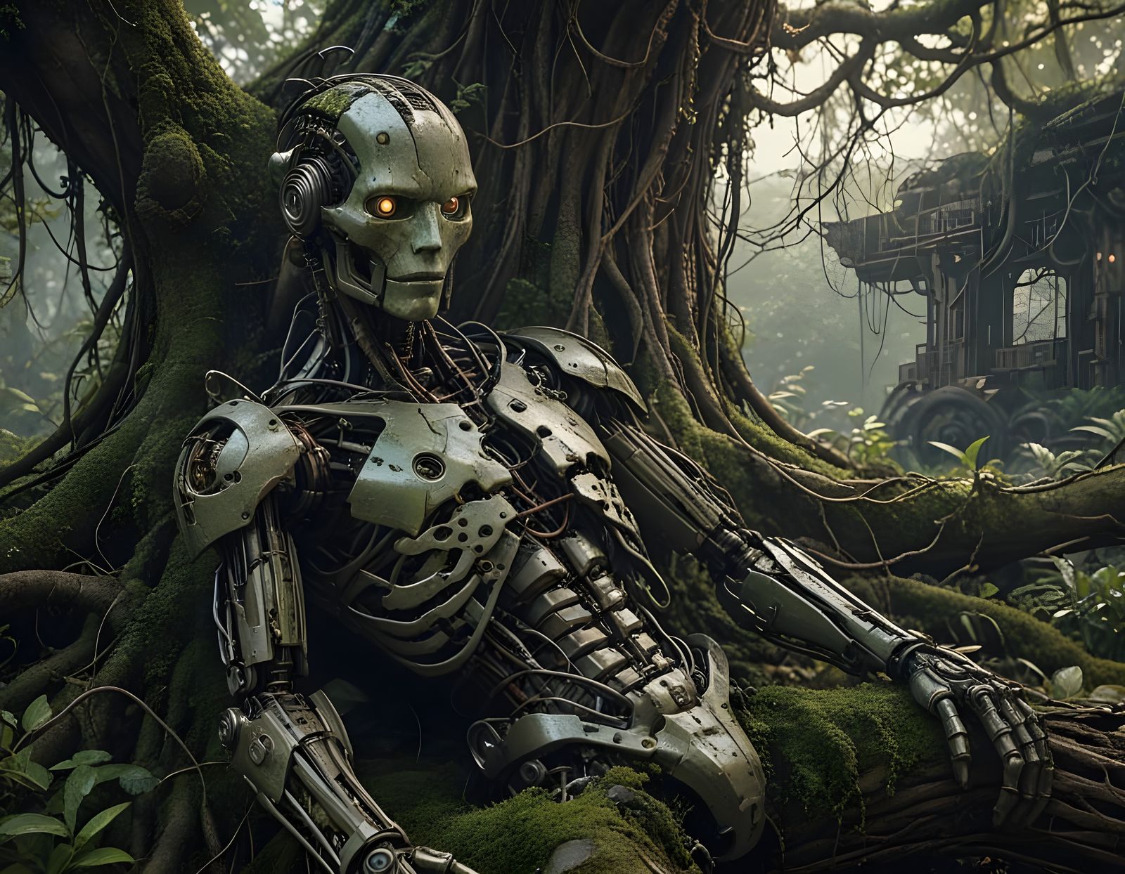 Abandoned Android Amidst Ancient Tree