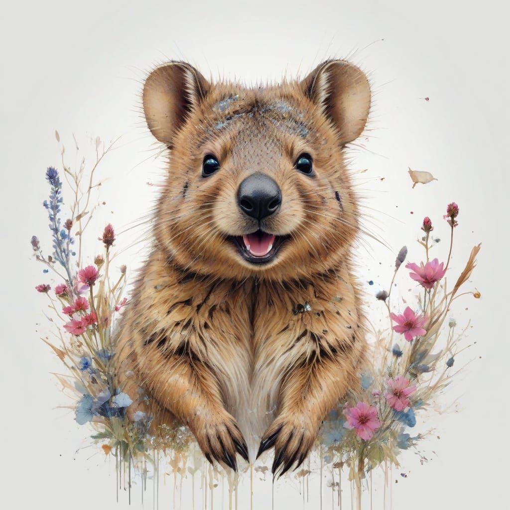 Quokka Surrounded by Australian Wildflowers in Whimsical Dig...
